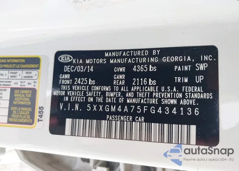 2015 Kia Optima Lx из США, поврежденный, VIN 5XXGM4A75FG434136